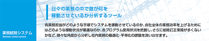 各業務担当がどのような手順でシステムを稼働させているのか、会社全体の業務効率を上げるためにはどのような稼働状況が最適なのか、各プログラム使用状況を把握し、さらに削除訂正業務が多くないかなど、様々な角度から分析し社内業務の最適化・平準化の課題を洗い出せます。