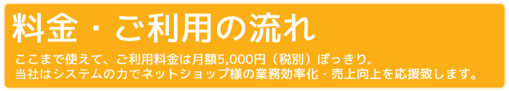 ここまで使えて、ご利用料金は月額5,000円（税別）ぽっきり。（1日あたり約166円税別）当社はシステムの力でネットショップ様の業務効率化・売上向上を応援致します。