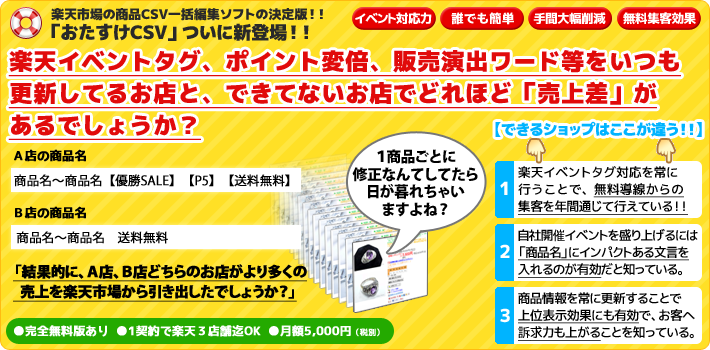 楽天イベントタグ、ポイント変倍、販売演出ワード等をいつも更新してるお店と、できてないお店でどれほど「売上差」があるでしょうか？